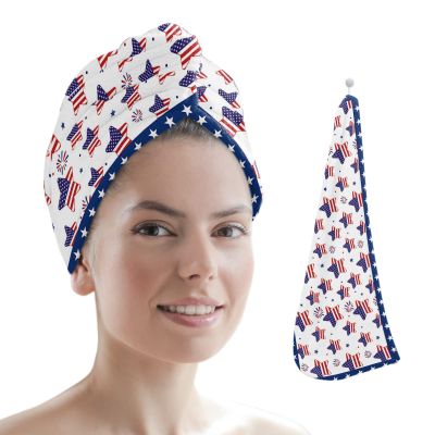LEOSUCRE Microfiber Hair Towel Wrap Ultra Absorbent Hair Cap, Independence Day Hair Towel with Buttons Hair Drying Towel Turban Bath Hair Wrap for Woman 26x10in American Flag Star Tiled