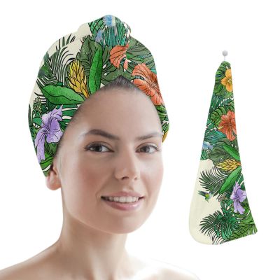 LEOSUCRE Microfiber Hair Towel Wrap Ultra Absorbent Hair Cap, Birds Green Leaves Hair Towel with Buttons Hair Drying Towel Turban Bath Hair Wrap for Woman 26x10in Tropical Monstera Palm Plants