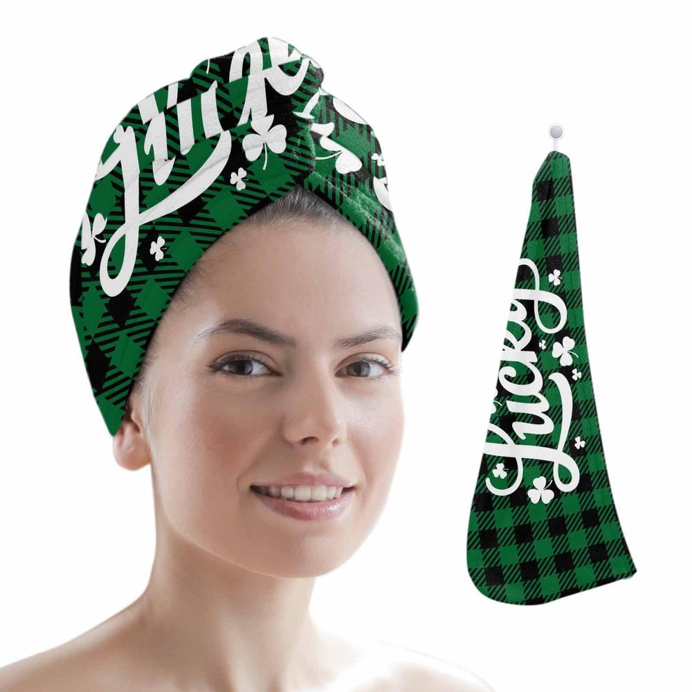 LEOSUCRE Microfiber Hair Towel Wrap Ultra Absorbent Hair Cap, Lucky St. Patrick's Day Hair Towel with Buttons Hair Drying Towel Turban Bath Hair Wrap for Woman 26x10in Green Black Checkered