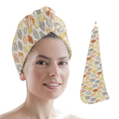 LEOSUCRE Microfiber Hair Towel Wrap Ultra Absorbent Hair Cap, Abstract Leaves Hair Towel with Buttons Hair Drying Towel Turban Bath Hair Wrap for Woman 26x10in Yellow Orange and Gray Burlap Backdrop