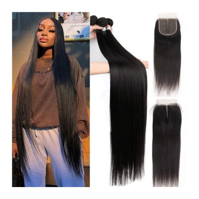 Hair Extensions Peruvian Hair Bundles with Closure Bone Straight Human Hair Bundles with 5x5x1 Lace Closures 3/4 Bundles Weave Human Hair Bundles with Closure human hair bundles ( Size : 32 32 32 Clos