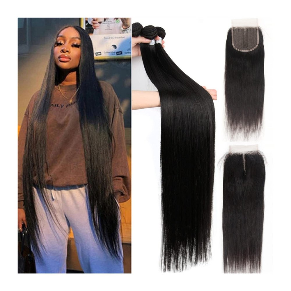 Hair Extensions Peruvian Hair Bundles with Closure Bone Straight Human Hair Bundles with 5x5x1 Lace Closures 3/4 Bundles Weave Human Hair Bundles with Closure human hair bundles ( Size : 32 32 32 Clos