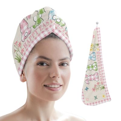 LEOSUCRE Microfiber Hair Towel Wrap Ultra Absorbent Hair Cap, Easter Hair Towel with Buttons Hair Drying Towel Turban Bath Hair Wrap for Woman 26x10in Plaid Bunny Spring Burlap Backdrop Pink