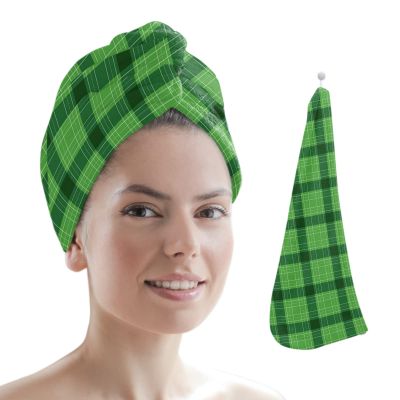 LEOSUCRE Microfiber Hair Towel Wrap Ultra Absorbent Hair Cap, St. Patrick's Day Hair Towel with Buttons Hair Drying Towel Turban Bath Hair Wrap for Woman 26x10in Green Buffalo Checkered