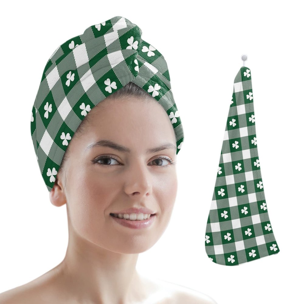 LEOSUCRE Microfiber Hair Towel Wrap Ultra Absorbent Hair Cap, St. Patrick's Day Hair Towel with Buttons Hair Drying Towel Turban Bath Hair Wrap for Woman 26x10in Clover on The Green Checkered