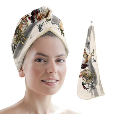 LEOSUCRE Microfiber Hair Towel Wrap Ultra Absorbent Hair Cap, Farm Rooster Hair Towel with Buttons Hair Drying Towel Turban Bath Hair Wrap for Woman 26x10in Vintage Ink Painting