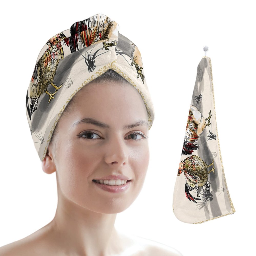 LEOSUCRE Microfiber Hair Towel Wrap Ultra Absorbent Hair Cap, Farm Rooster Hair Towel with Buttons Hair Drying Towel Turban Bath Hair Wrap for Woman 26x10in Vintage Ink Painting