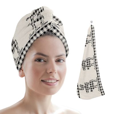 LEOSUCRE Microfiber Hair Towel Wrap Absorbent Hair Cap, Farm Animal Hair Towel with Buttons Hair Drying Towel Turban Bath Hair Wrap for Woman 26x10in Rustic Cow Pig Rooster Black and White Plaid