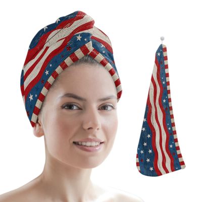 LEOSUCRE Microfiber Hair Towel Wrap Ultra Absorbent Hair Cap, Vintage Independence Hair Towel with Buttons Hair Drying Towel Turban Bath Hair Wrap for Woman 26x10in USA Flag Star Stripes Wooden