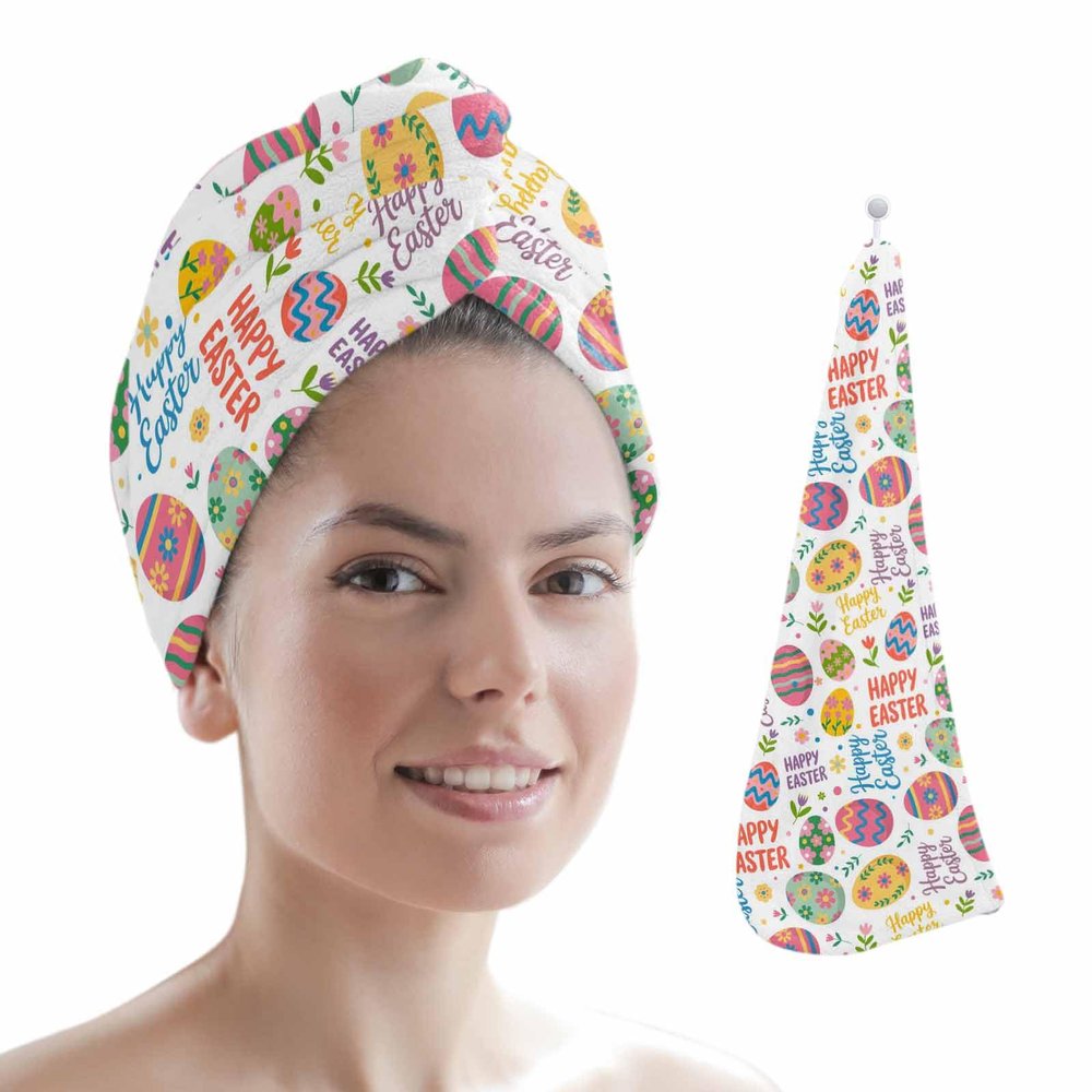 LEOSUCRE Microfiber Hair Towel Wrap Ultra Absorbent Hair Cap, Happy Easter Hair Towel with Buttons Hair Drying Towel Turban Bath Hair Wrap for Woman 26x10in Colorful Eggs Tiled