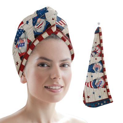 LEOSUCRE Microfiber Hair Towel Wrap Ultra Absorbent Hair Cap, American Flag Day Hair Towel with Buttons Hair Drying Towel Turban Bath Hair Wrap for Woman 26x10in USA Gnomes Patriot Vintage