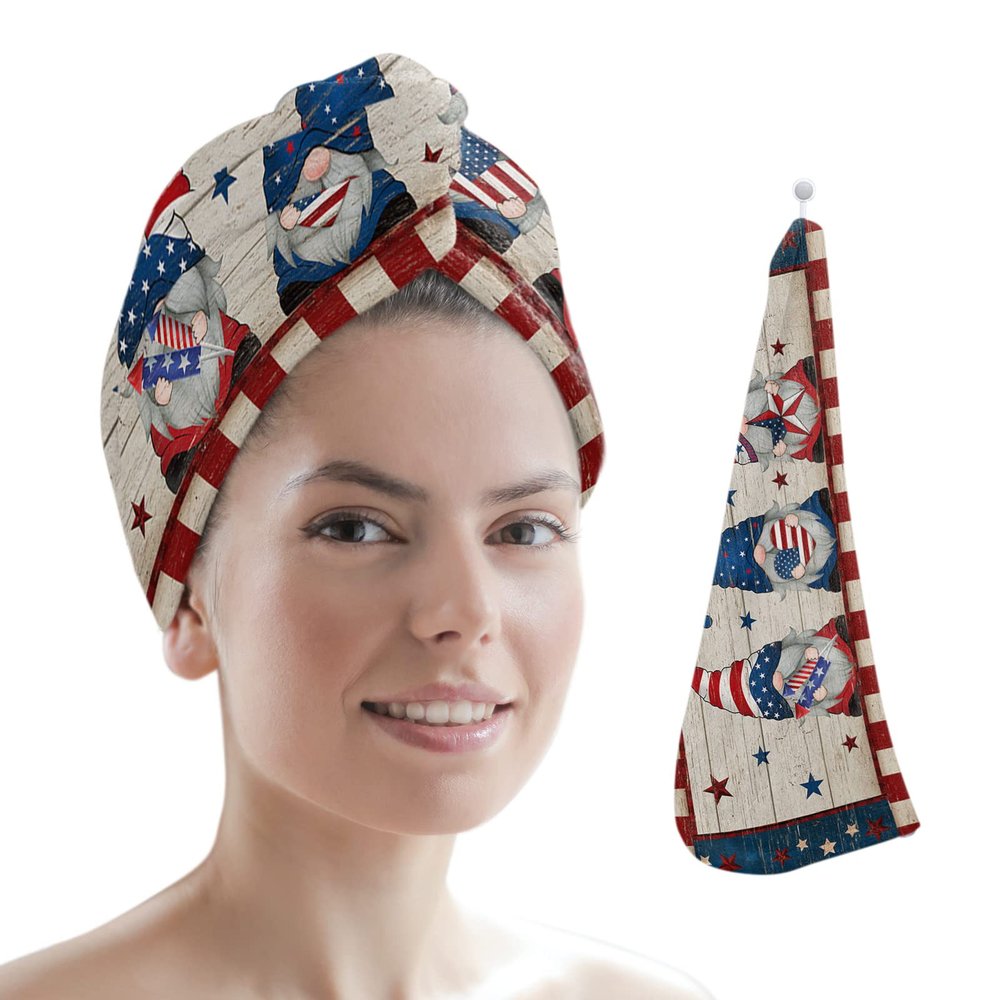 LEOSUCRE Microfiber Hair Towel Wrap Ultra Absorbent Hair Cap, American Flag Day Hair Towel with Buttons Hair Drying Towel Turban Bath Hair Wrap for Woman 26x10in USA Gnomes Patriot Vintage