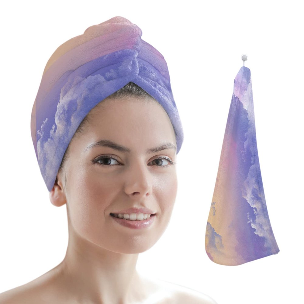 LEOSUCRE Microfiber Hair Towel Wrap Ultra Absorbent Hair Cap, Sunset Sky Landscape Hair Towel with Buttons Hair Drying Towel Turban Bath Hair Wrap for Woman 26x10in Pink and Purple