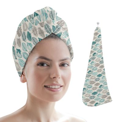 LEOSUCRE Microfiber Hair Towel Wrap Ultra Absorbent Hair Cap, Aqua Leaves Hair Towel with Buttons Hair Drying Towel Turban Bath Hair Wrap for Woman 26x10in Abstract Plant Leaf Tiled Vintage Burlap