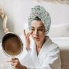LEOSUCRE Microfiber Hair Towel Wrap Ultra Absorbent Hair Cap, Aqua Leaves Hair Towel with Buttons Hair Drying Towel Turban Bath Hair Wrap for Woman 26x10in Abstract Plant Leaf Tiled Vintage Burlap view 3