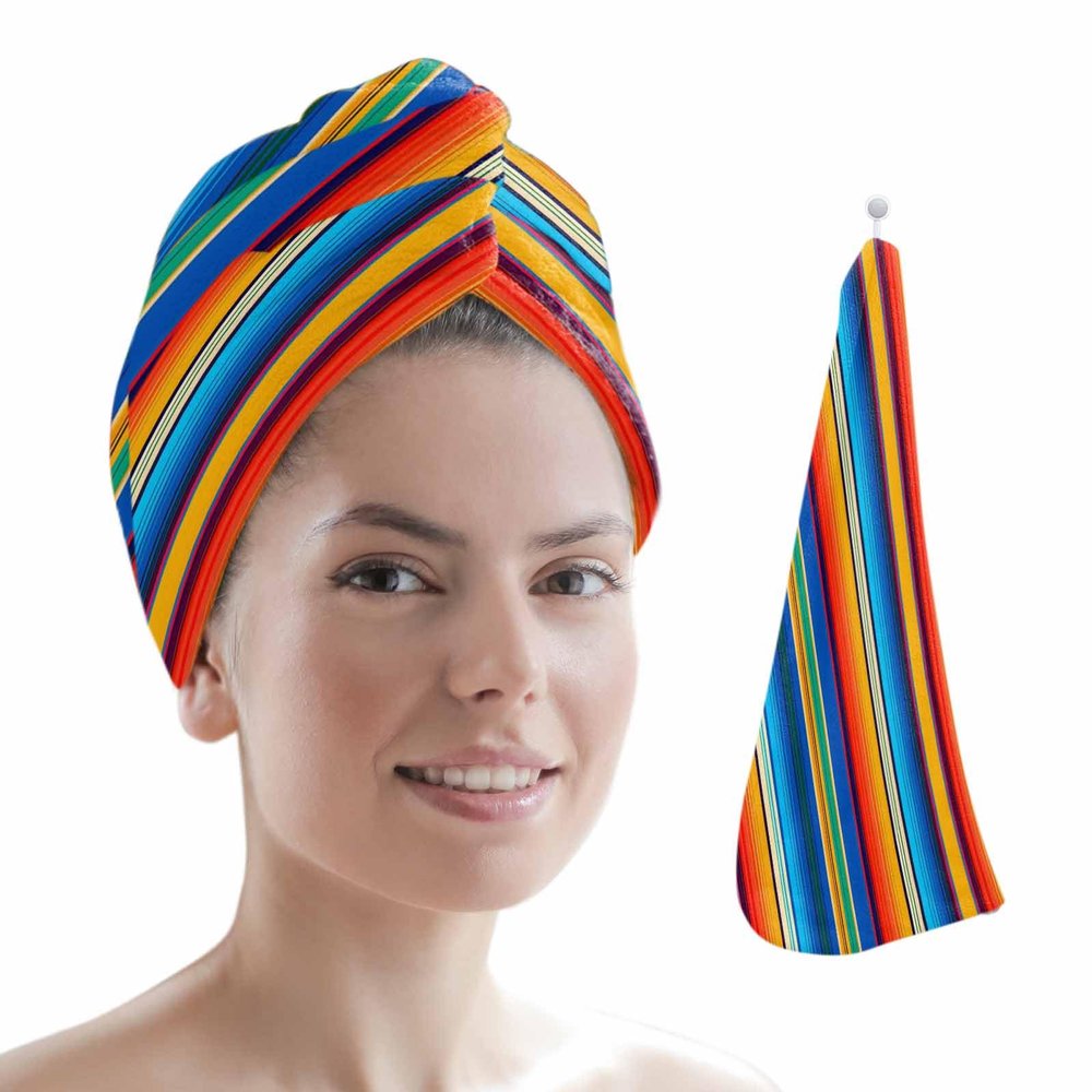 LEOSUCRE Microfiber Hair Towel Wrap Ultra Absorbent Hair Cap, Mexico Stripes Hair Towel with Buttons Hair Drying Towel Turban Bath Hair Wrap for Woman 26x10in Ethnic Colorful Geometric