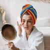 LEOSUCRE Microfiber Hair Towel Wrap Ultra Absorbent Hair Cap, Mexico Stripes Hair Towel with Buttons Hair Drying Towel Turban Bath Hair Wrap for Woman 26x10in Ethnic Colorful Geometric view 3