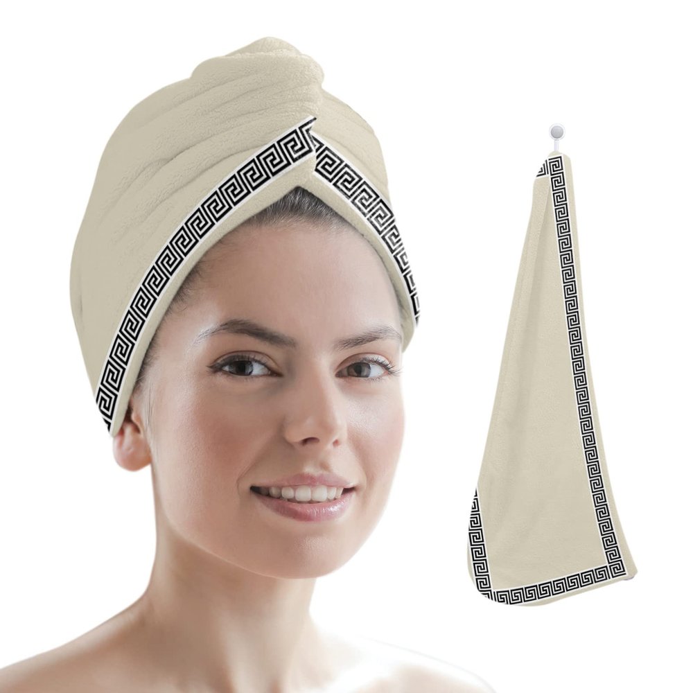 LEOSUCRE Microfiber Hair Towel Wrap Ultra Absorbent Hair Cap, Beige Chinese Floral Style Hair Towel with Buttons Hair Drying Towel Turban Bath Hair Wrap for Woman 26x10in Simple Painting