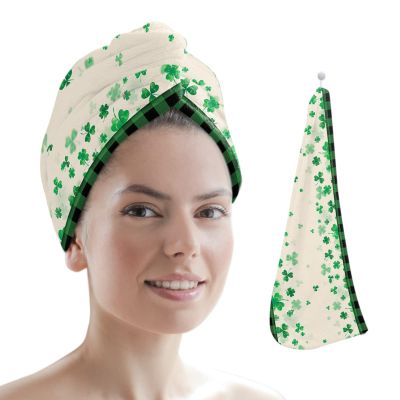 LEOSUCRE Microfiber Hair Towel Wrap Ultra Absorbent Hair Cap, St. Patricks Hair Towel with Buttons Hair Drying Towel Turban Bath Hair Wrap for Woman 26x10in Lucky Shamrock Green and Black Checkered