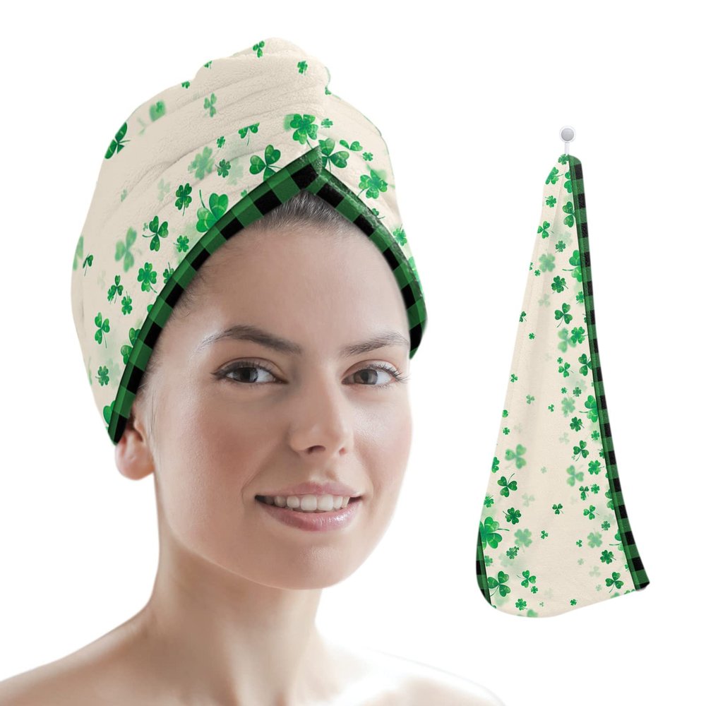 LEOSUCRE Microfiber Hair Towel Wrap Ultra Absorbent Hair Cap, St. Patricks Hair Towel with Buttons Hair Drying Towel Turban Bath Hair Wrap for Woman 26x10in Lucky Shamrock Green and Black Checkered