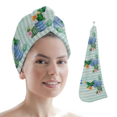 LEOSUCRE Microfiber Hair Towel Wrap Ultra Absorbent Hair Cap, Summer Cactus Hair Towel with Buttons Hair Drying Towel Turban Bath Hair Wrap for Woman 26x10in Tropical Green Plant Stripes