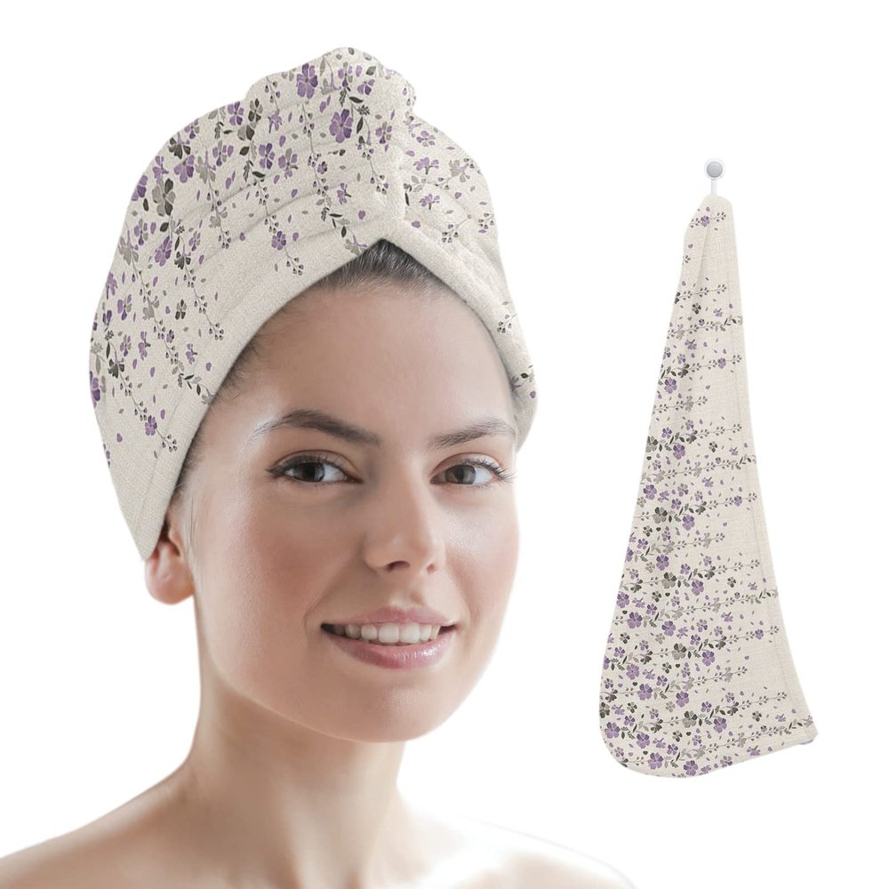 LEOSUCRE Microfiber Hair Towel Wrap Ultra Absorbent Hair Cap, Draping Floral Hair Towel with Buttons Hair Drying Towel Turban Bath Hair Wrap for Woman 26x10in Purple and Gray Flower Rustic Burlap