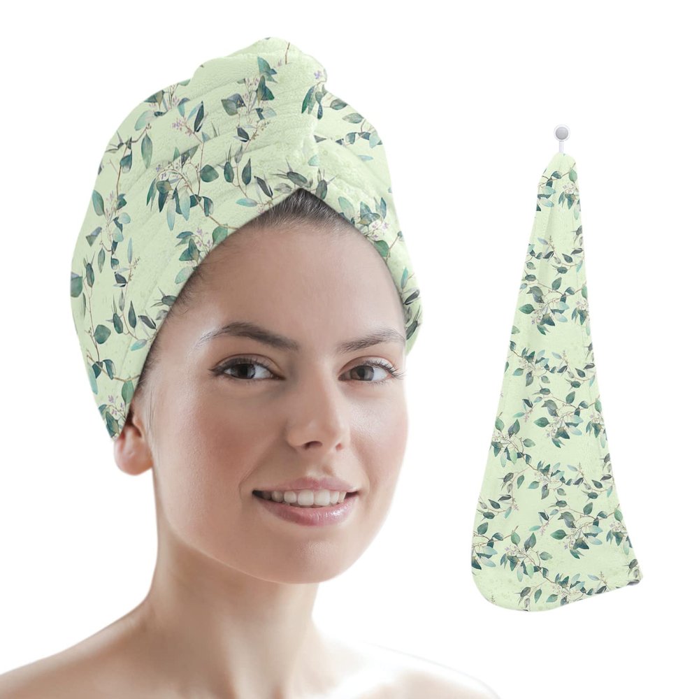 LEOSUCRE Microfiber Hair Towel Wrap Ultra Absorbent Hair Cap, Summer Leaves Hair Towel with Buttons Hair Drying Towel Turban Bath Hair Wrap for Woman 26x10in Green Floral Plant