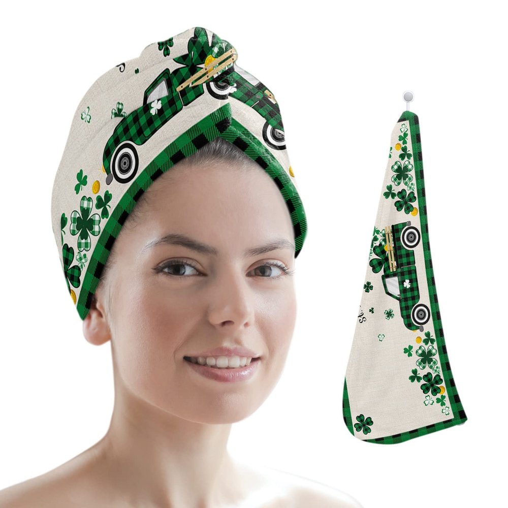 LEOSUCRE Microfiber Hair Towel Wrap Ultra Absorbent Hair Cap, Farm Truck Hair Towel with Buttons Hair Drying Towel Turban Bath Hair Wrap for Woman 26x10in St. Patricks Clover Green Plaid