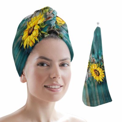 LEOSUCRE Microfiber Hair Towel Wrap Ultra Absorbent Hair Cap, Sunflower Hair Towel with Buttons Hair Drying Towel Turban Bath Hair Wrap for Woman 26x10in Watercolor Floral Vintage Farm Wooden