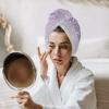 LEOSUCRE Microfiber Hair Towel Wrap Ultra Absorbent Hair Cap, Purple Floral Hair Towel with Buttons Hair Drying Towel Turban Bath Hair Wrap for Woman 26x10in Romantic Flower Drape view 3