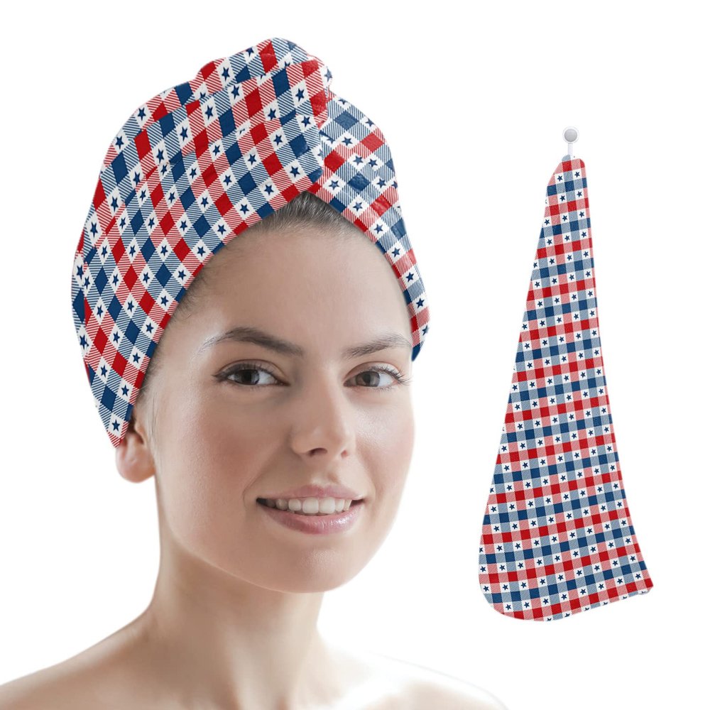 LEOSUCRE Microfiber Hair Towel Wrap Ultra Absorbent Hair Cap, 4th of July Hair Towel with Buttons Hair Drying Towel Turban Bath Hair Wrap for Woman 26x10in American Star Blue Red Buffalo Plaid