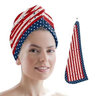 LEOSUCRE Microfiber Hair Towel Wrap Ultra Absorbent Hair Cap, American Flag Day Hair Towel with Buttons Hair Drying Towel Turban Bath Hair Wrap for Woman 26x10in Star Red Stripes Independence