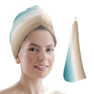 LEOSUCRE Microfiber Hair Towel Wrap Ultra Absorbent Hair Cap, Ombre Color Hair Towel with Buttons Hair Drying Towel Turban Bath Hair Wrap for Woman 26x10in Khaki and Aqua Painting