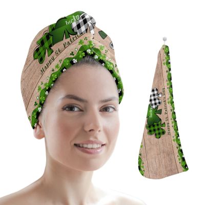 LEOSUCRE Microfiber Hair Towel Wrap Ultra Absorbent Hair Cap, St Patrick Day Hair Towel with Buttons Hair Drying Towel Turban Bath Hair Wrap for Woman 26x10in Plaid Clover Wooden Grain