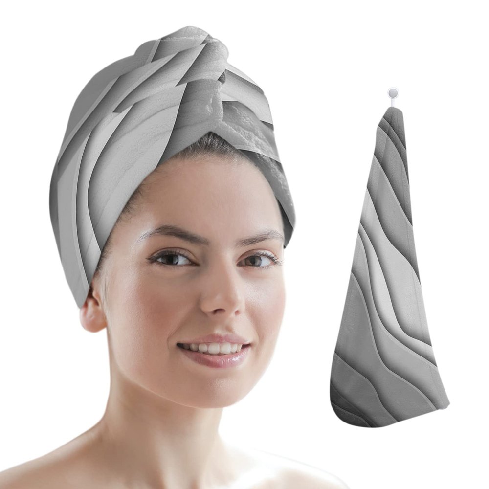 LEOSUCRE Microfiber Hair Towel Wrap Ultra Absorbent Hair Cap, Black and Gray Hair Towel with Buttons Hair Drying Towel Turban Bath Hair Wrap for Woman 26x10in Ombre Abstract Geometric Beach