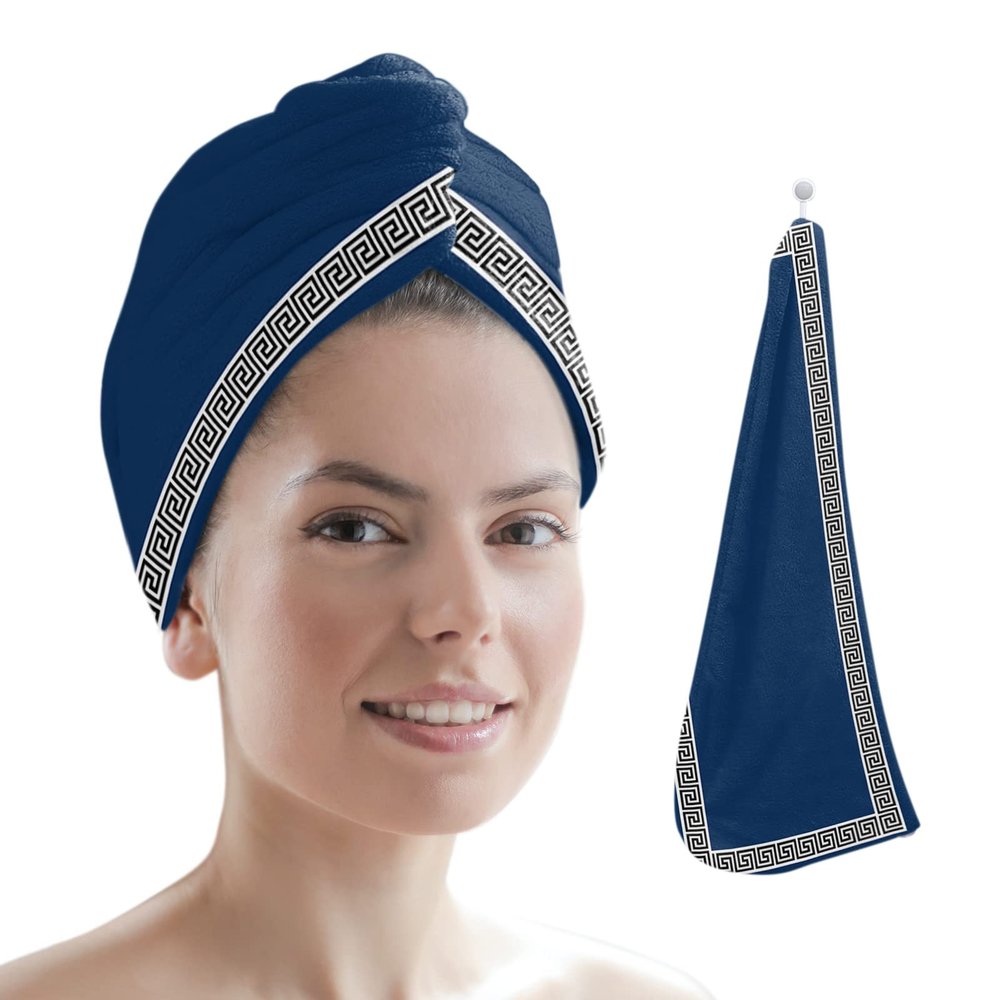 LEOSUCRE Microfiber Hair Towel Wrap Ultra Absorbent Hair Cap, Navy Blue Chinese Floral Style Hair Towel with Buttons Hair Drying Towel Turban Bath Hair Wrap for Woman 26x10in Simple Painting