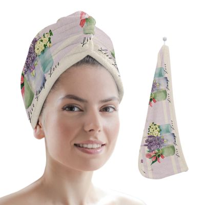 LEOSUCRE Microfiber Hair Towel Wrap Ultra Absorbent Hair Cap, Summer Floral Hair Towel with Buttons Hair Drying Towel Turban Bath Hair Wrap for Woman 26x10in Spring Tulip Lavender Farmhouse Backdrop