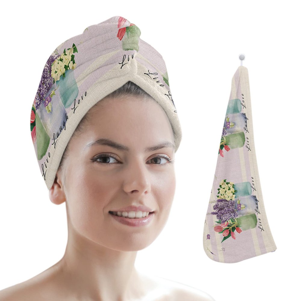 LEOSUCRE Microfiber Hair Towel Wrap Ultra Absorbent Hair Cap, Summer Floral Hair Towel with Buttons Hair Drying Towel Turban Bath Hair Wrap for Woman 26x10in Spring Tulip Lavender Farmhouse Backdrop