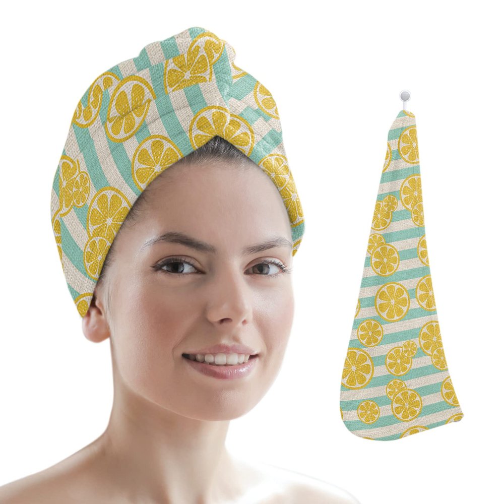 LEOSUCRE Microfiber Hair Towel Wrap Ultra Absorbent Hair Cap, Lemon Tiled Hair Towel with Buttons Hair Drying Towel Turban Bath Hair Wrap for Woman 26x10in Farmhouse Green Stripes Backdrop