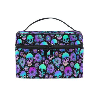 Goth Skull Makeup Bag, Gothic Skull Flowers Makeup Organizer Bags Toiletry Bag Box Travel Cosmetic Bag Make Up Train Case for Women Teen Girl Ladies