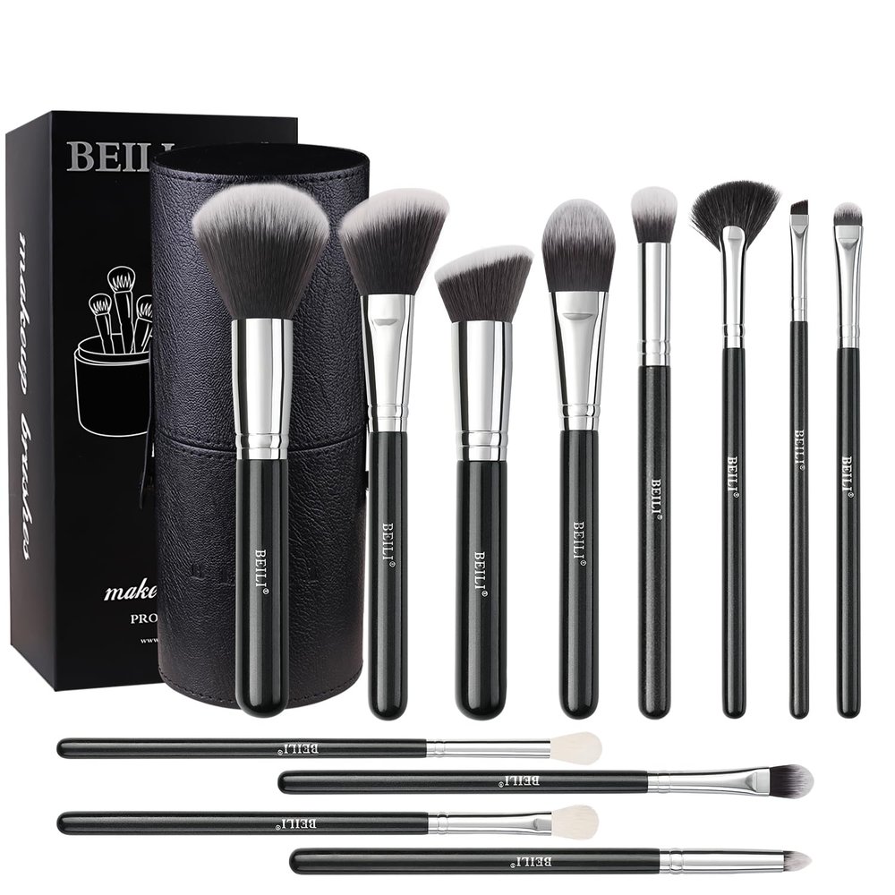 BEILI Makeup Brushes 12pcs Makeup Brushes Set with Holder Premium Synthetic Kabuki Foundation Brush Blending Blush Concealer Full Face Makeup Brushes Kit With Gift Box(Black)