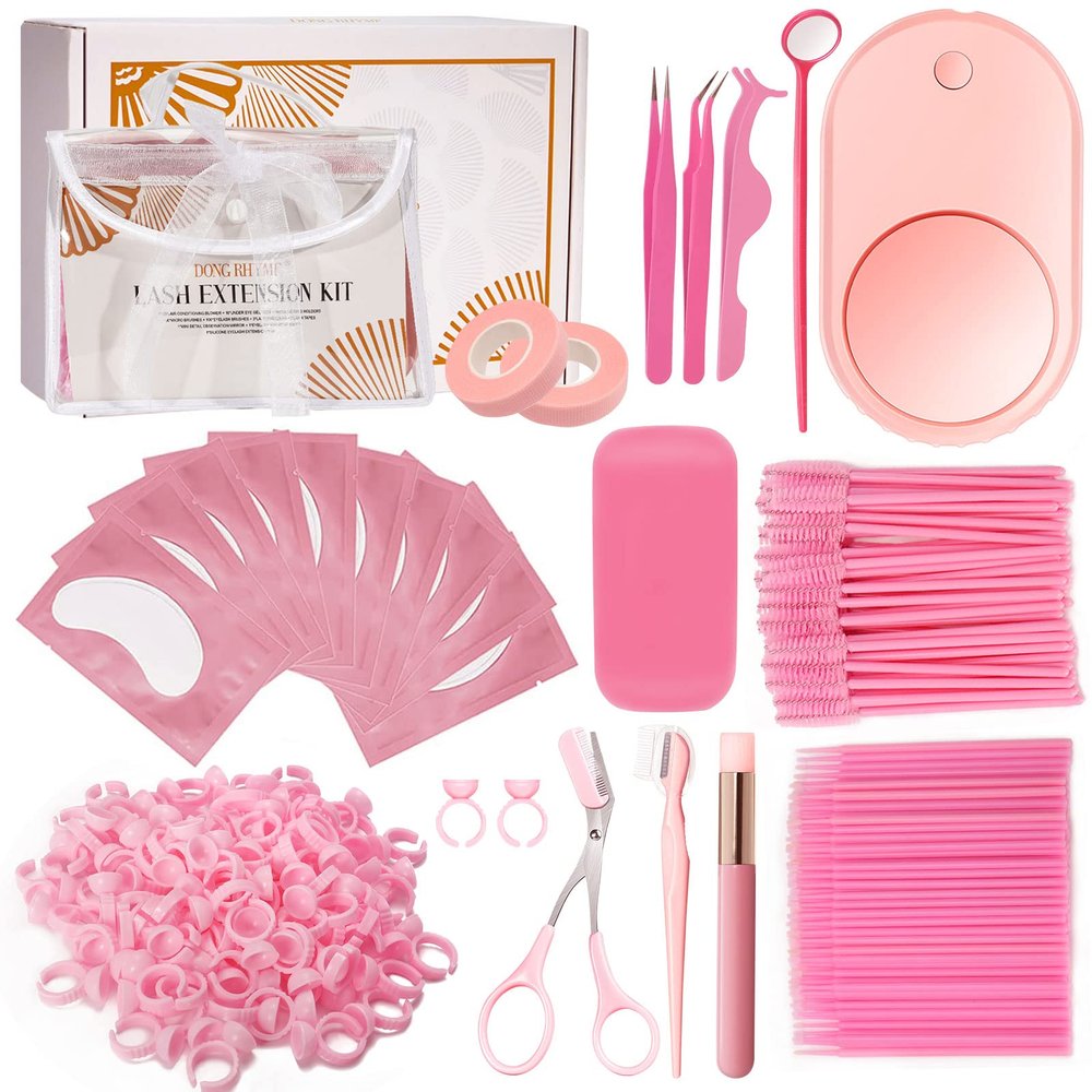 320 PCS Lash Extension Supplies, USB Mini Portable Air Conditioning Blower Handheld Dryer Fan Rechargeable Mini Mirror, Tapes, Tweezers, Eyelash Brushes, Micro Brush in Organizer Bag