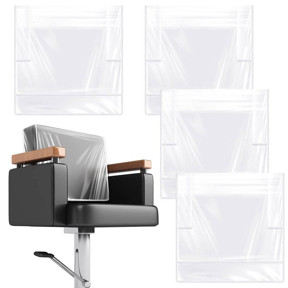 Hoolerry 4 Pcs White Edge Salon Chair Cover Clear Plastic Square Hairdressing Back Protectors for Fits Most Standard Back Reinforced Precision Stitched Covers to Prevent Damage Spa/Salon Chairs