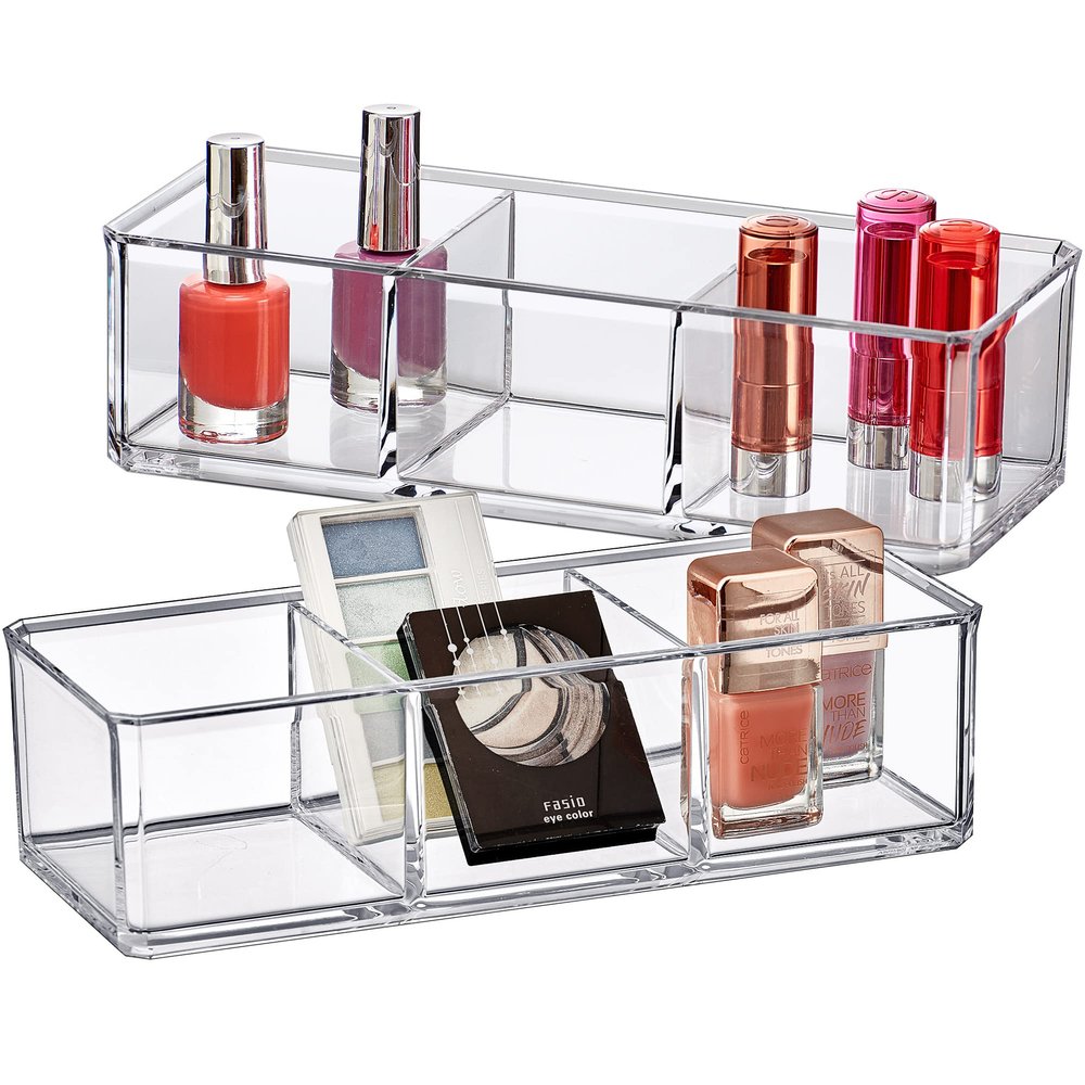 Amazing Abby - Glamour - 2-Pack Acrylic 3-Compartment Makeup Organizer, Transparent Plastic Lipstick Holder, Perfect Bathroom Vanity Storage Solution for Lipsticks, Nail Polishes, and More
