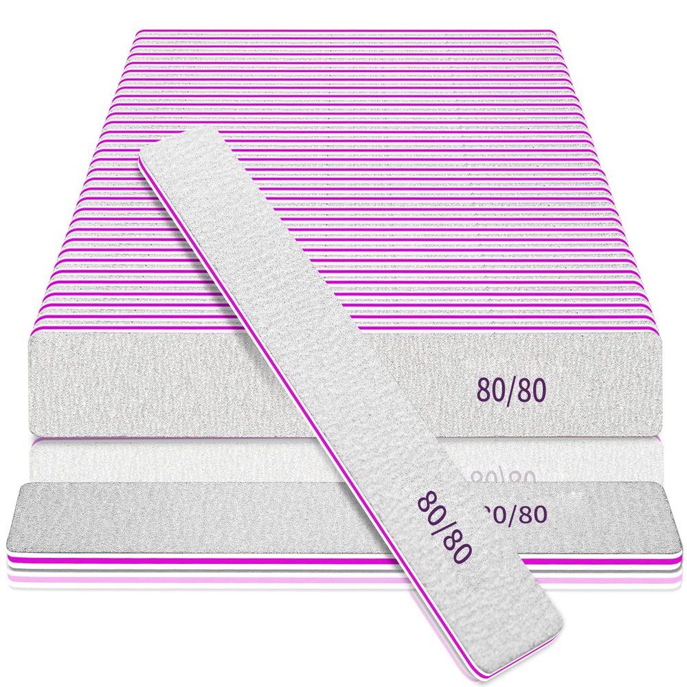 Nail Files for Acrylic Nails, 50pcs 80/80 Grit Nail Files Bulk Reusable Rough Coarse Square Jumbo Nail File Set 50pcs Manicure Pedicure Tools