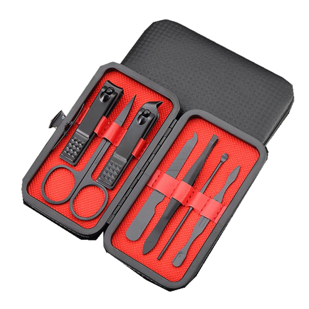 7pcs/Set Stainless Steel Manicure Set Grooming Kit with Black Nail Clippers, Tweezers, Scissors, Cuticle Removers, Facial Tools for Women Men Girl Ladies (Leather Holster not Included)