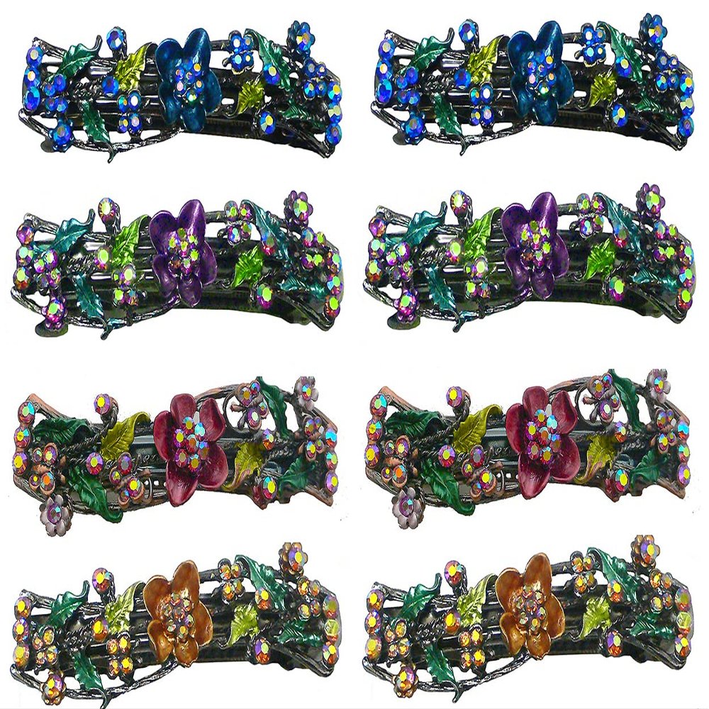 Set of 8 JCGY Medium Size Barrettes Flower and Butterfly Sparkling Crystal Hand Painted Hair Clips for Women U86900-2-8