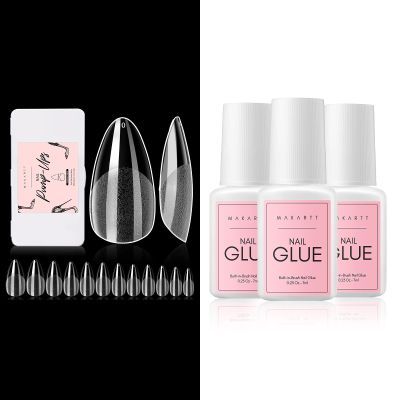 Makartt 504Pcs Soft Gel Full Cover Tips, Almond Stiletto False Nail Tips Press on Nails Bundle with Makartt Super Strong Nail Glue for Acrylic Nails 7ML 3 Pcs Brush on Nail Glue for Nail Tips
