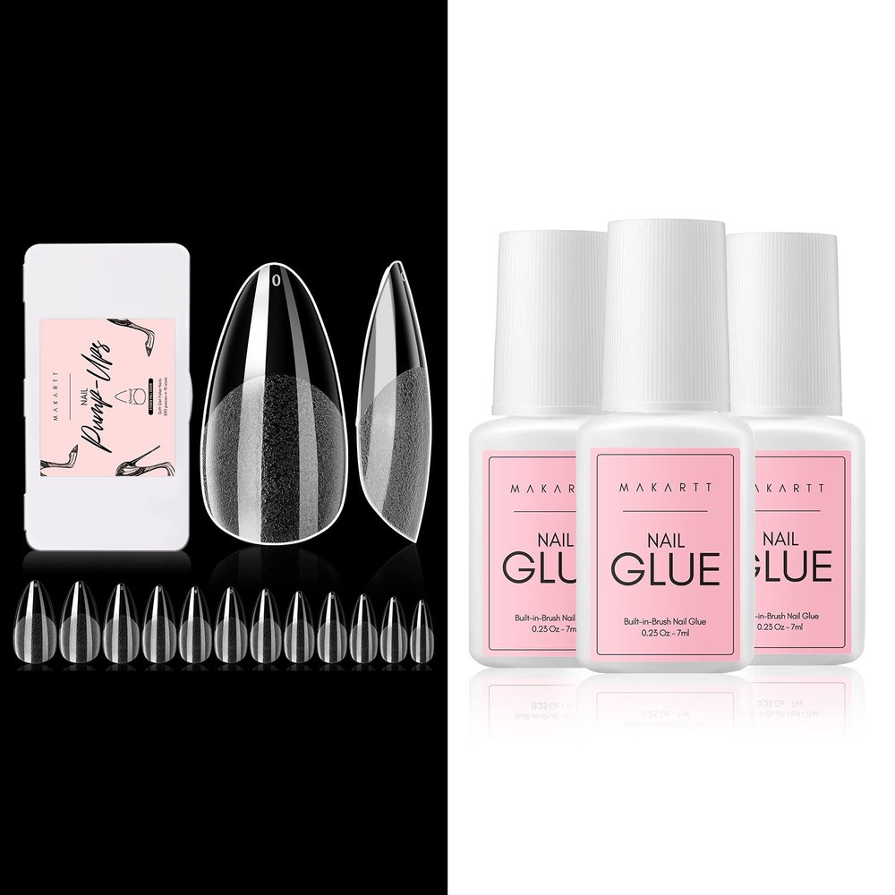 Makartt 504Pcs Soft Gel Full Cover Tips, Almond Stiletto False Nail Tips Press on Nails Bundle with Makartt Super Strong Nail Glue for Acrylic Nails 7ML 3 Pcs Brush on Nail Glue for Nail Tips