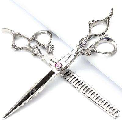 6/7/8/9 inch professional haircut scissors rose high hardness sharp 440c hairdresser hairstyle trim and hair sparse cutting (7-inch 2pc-B)